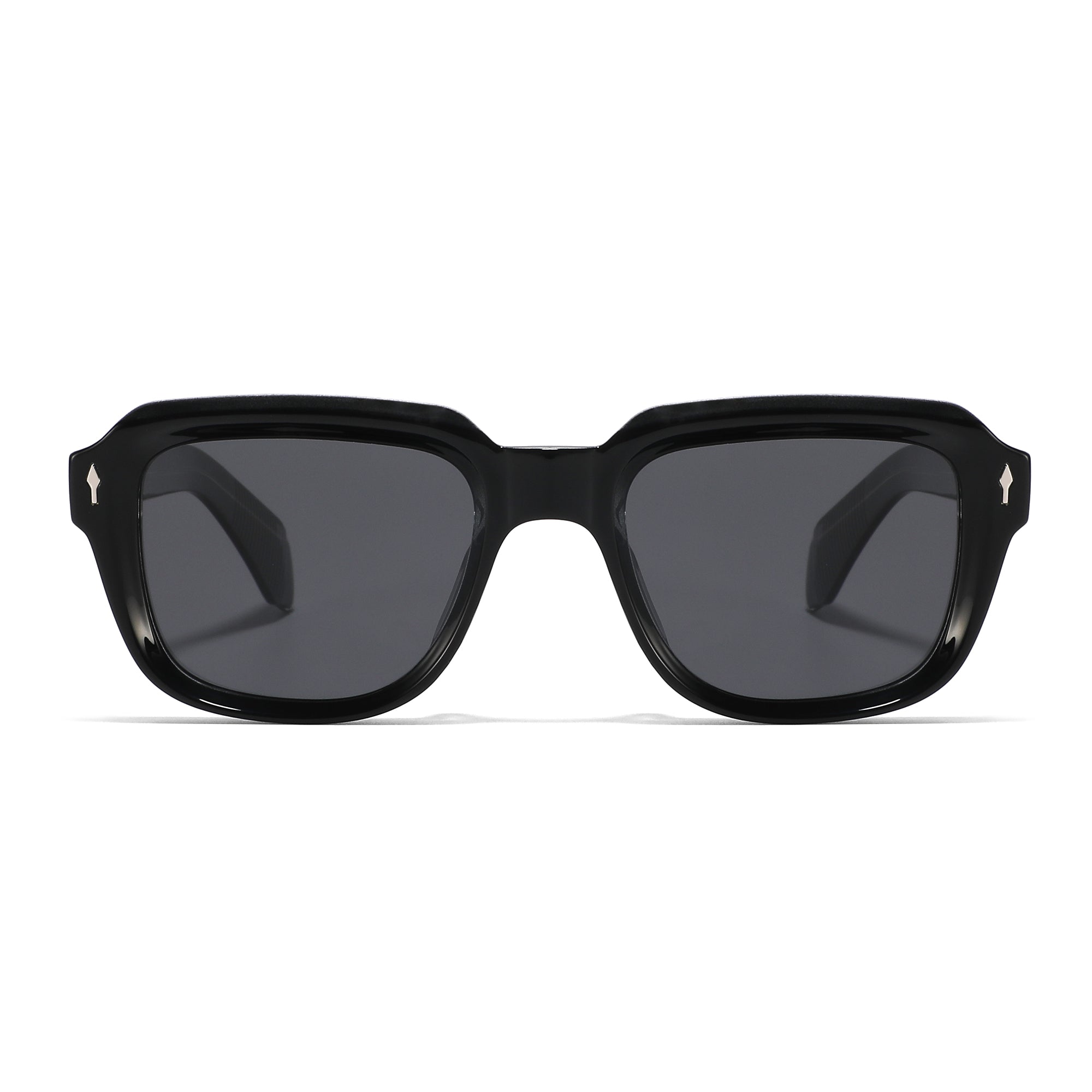 Black sunglasses with dark lenses on a white background